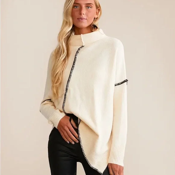 BKE Buckle NWOT Cream Asymmetric Stitch-Trim Sweater large - Picture 1 of 11